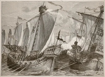 Derrota de la flota francesa en el Canal de la Mancha, ilustración de Cassells Illustrated History of England
