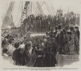 Salida de 800 No Conformistas de Londres, el Jueves de la Semana, hacia la Nueva Colonia de Albertland, Nueva Zelanda, Escena a Bordo del Matilda Wattenbach en su Paso por el Río