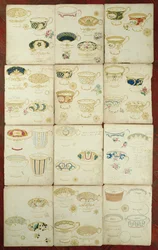 Diseños para tazas de té producidas en la fábrica Daniel, Staffordshire, c.1845