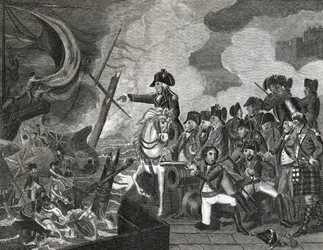 Destrucción de los botes de guerra antes de Gibraltar, grabado por H.Cook, 1816