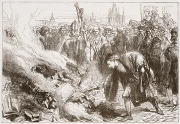 Destrucción de las obras de Wicliffe en Praga, ilustración de La Historia del Protestantismo por James Aitken Wylie (1808-1890), pub. 1878