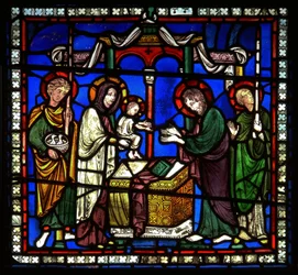 (detalle) de una de las Ventanas de la Biblia que representa la presentación en el templo