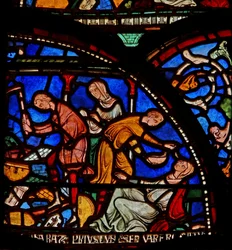 (detalle) de la Ventana del Milagro que representa a la madre de Geoffrey de Winchester rezando a San Tomás