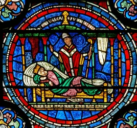 (detalle) de la Ventana del Milagro que representa al rey Luis VII siendo instruido por Tomás para ir a su tumba