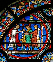 (detalle) de la Ventana del Milagro que representa a peregrinos siendo curados en el santuario de San Tomás