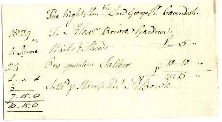 Devonshire MSS AS 3101, folio de un paquete de facturas liquidadas por Pinder Simpson para Lord George Cavendish, incluyendo la factura de Alexander Bowie