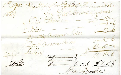Devonshire MSS AS 3101, folio de un paquete de facturas liquidadas por Pinder Simpson para Lord George Cavendish, incluyendo la factura de Alexander Bowie