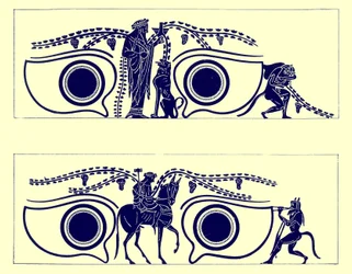 Dionisos, Hefesto y sátiros, ilustración de Pinturas de Vasos Griegos por J. E. Harrison y D. S. MacColl, publicada en 1894 (imagen digitalmente mejorada)
