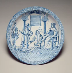 Plato con la Reina Catalina sentada mientras un caballero arrodillado le ajusta un zapato, 1677