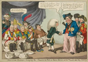 Doctor Boney llevando a las potencias a la olla..., grabado coloreado a mano de 1808