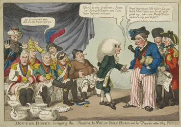 Doctor Boney trayendo los poderes a Pot, o John Bull y sus amigos algo tímidos, pub. 1808 (grabado coloreado a mano)