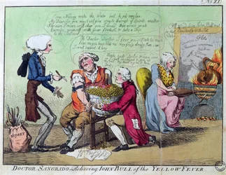 El doctor Sangrado aliviando a John Bull de la fiebre amarilla
