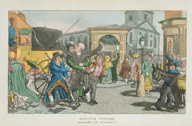 El Doctor Syntax robado en St. Giles, de The Tour of Doctor Syntax through London, or the Pleasures and Miseries of the Metropolis. A Poem, publicado en 1820