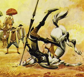 Don Quijote espoleó a Rocinante pero el caballo cayó