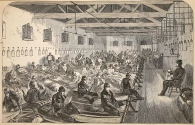 Dormitorio en la prisión de Coldbath Fields, ilustración de Las prisiones criminales de Londres y escenas de la vida en prisión de Henry Mayhew y John Binny, pub. 1862