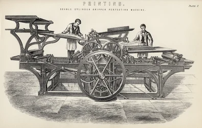 Máquina de impresión a doble cara con pinzas y doble cilindro, de The National Encyclopaedia, publicada por William Mackenzie, Londres, finales del siglo XIX