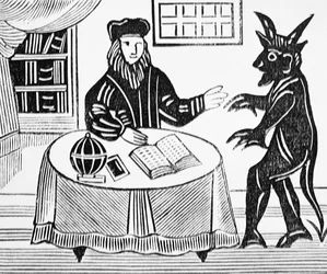 Dr. Fausto en consejo con el Diablo, de la traducción de Gents de Dr. Fausto por Christopher Marlowe (1564-93) 1648 de una colección de chapbooks sobre esoterismo