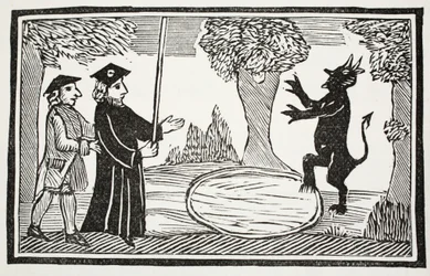 El Dr. Faustus invoca al diablo, ilustración de Chap-books of the Eighteenth Century por John Ashton, pub. 1882