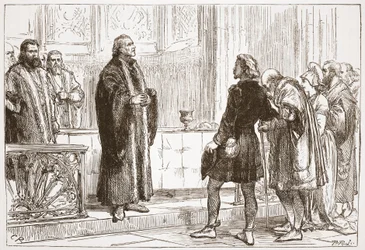 Dr. Haller distribuyendo la Cena del Señor en la Catedral de Berna, ilustración de La Historia del Protestantismo de James Aitken Wylie, pub. 1878