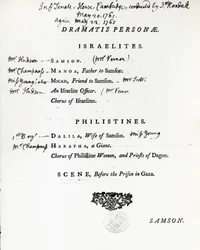 Dramatis Personae para Sansón, un oratorio de Handel, publicado en 1759