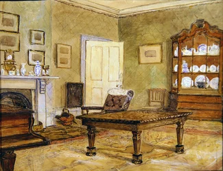 Interior de sala de estar con colección de porcelana, c.1890