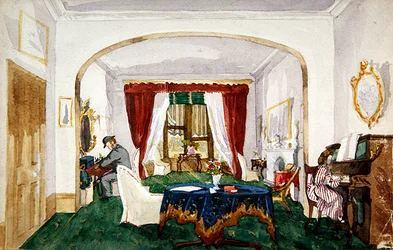 Interior de salón, mujer al piano, hombre con sombrero hongo escribiendo, c.1850