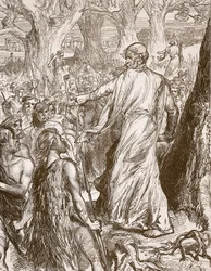 Druidas incitando a los britanos a oponerse al desembarco de los romanos, ilustración de Cassells Illustrated History of England