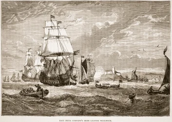 Barcos de la Compañía de las Indias Orientales saliendo de Woolwich, ilustración de Cassells Illustrated History of India de James Grant, pub. 1879