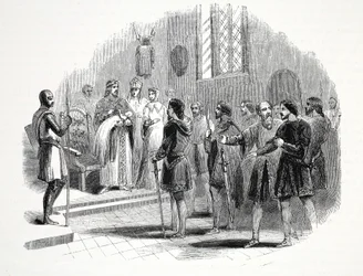 Eduardo I presentando a los jefes galeses un príncipe nacido entre ellos, en el castillo de Rhuddlan