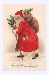 Postal eduardiana de Papá Noel con un árbol de Navidad y un saco de juguetes al hombro, c.1910 (litografía en color)