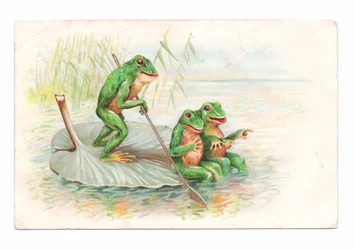 Tarjeta postal eduardiana de dos ranas sentadas en una barca de nenúfares mientras una tercera rema, c.1910 (litografía en color).