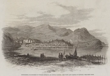 Eisteddfod, o Congreso de Literatos Galeses, en el Castillo de Conway, la ciudad y el castillo de Conway (grabado)