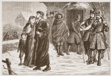 Expulsión de un pastor protestante húngaro en invierno, ilustración de La Historia del Protestantismo de James Aitken Wylie (1808-1890), pub. 1878