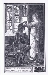 Elaine ata su manga alrededor del casco de Sir Lancelot, ilustración de "The Book of Romance" publicado por Longmans Green and Co.