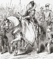Isabel I inspeccionando sus tropas en el Puerto de Tilbury, 1588, de Ward y Locks Historia Ilustrada del Mundo, pub. c.1882