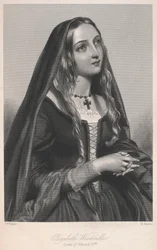 Elizabeth Woodville, reina de Eduardo IV, ilustración de "Biographical sketches of the queens of Great Britain...or, Royal Book of Beauty" de Mary Howitt.