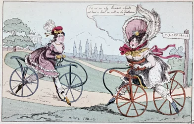 Caricatura inglesa sobre caballos de hobby en 1819 (primeras bicicletas) - en "El ciclismo teórico y práctico" por Baudry de Saulnier