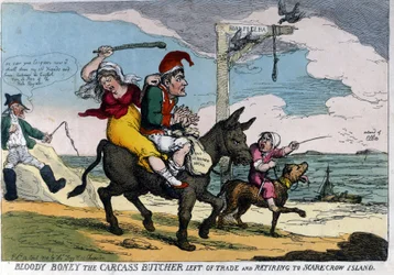 Caricatura inglesa sobre el exilio del Emperador Napoleón I representado en un burro en ruta a la Isla de Elba. 04/1814.