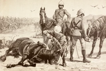Caballería inglesa abrevando a sus caballos durante la Guerra Mahdista, Sudán, en la década de 1880 (litografía)