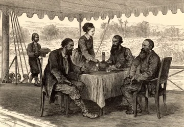 Los exploradores ingleses John Hanning Speke (1827-1864) y James Augustus Grant (1827-1892) en Gondokoro, al sur de Sudán, al final de su expedición, donde fueron recibidos por Samuel (1821-1893) y Florence (1841-1916) Baker (grabado).