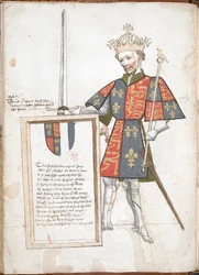 Rey inglés con armadura y tabardo (Ricardo II), presentando una placa con versos.
