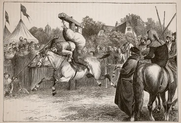 Fiesta inglesa en el siglo XIV: Justa en el Quintain, ilustración de Cassells Illustrated History of England