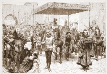 Entrada del Papa Juan en Constanza, ilustración de La Historia del Protestantismo por James Aitken Wylie (1808-1890), pub. 1878