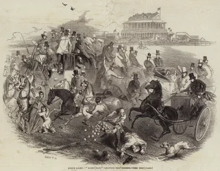 Carreras de Epsom, "Día del Derby", saliendo del curso (grabado)