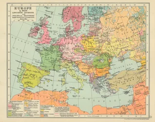 Europa en 1928 Divisiones lingüísticas y fronteras políticas (litografía en color)