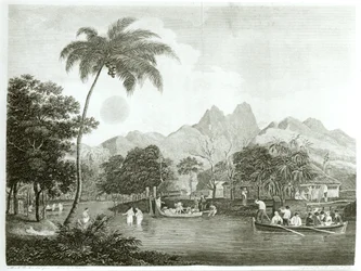 Misioneros europeos en una aldea tahitiana, de Un Viaje Misionero al Océano Pacífico Sur Realizado en los Años 1796-98 en el Barco Duff, publicado en 1799