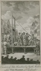 Ejecución de John Hamilton Esq por la máquina llamada La Doncella (grabado)
