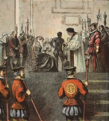 Ejecución de María, Reina de Escocia, pub. 1890 (litografía en color)