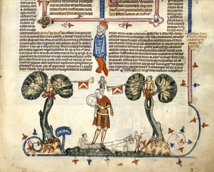 F.94 Hombre tocando un pífano y un tambor, de Smithfield Decretals, c.1340 (vitela)