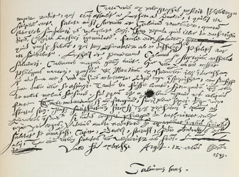 Facsímil de la escritura de Calvino, ilustración de La Historia del Protestantismo de James Aitken Wylie, pub. 1878